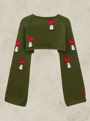 Y2K Mushroom Print Bell Sleeve Crop Sweater