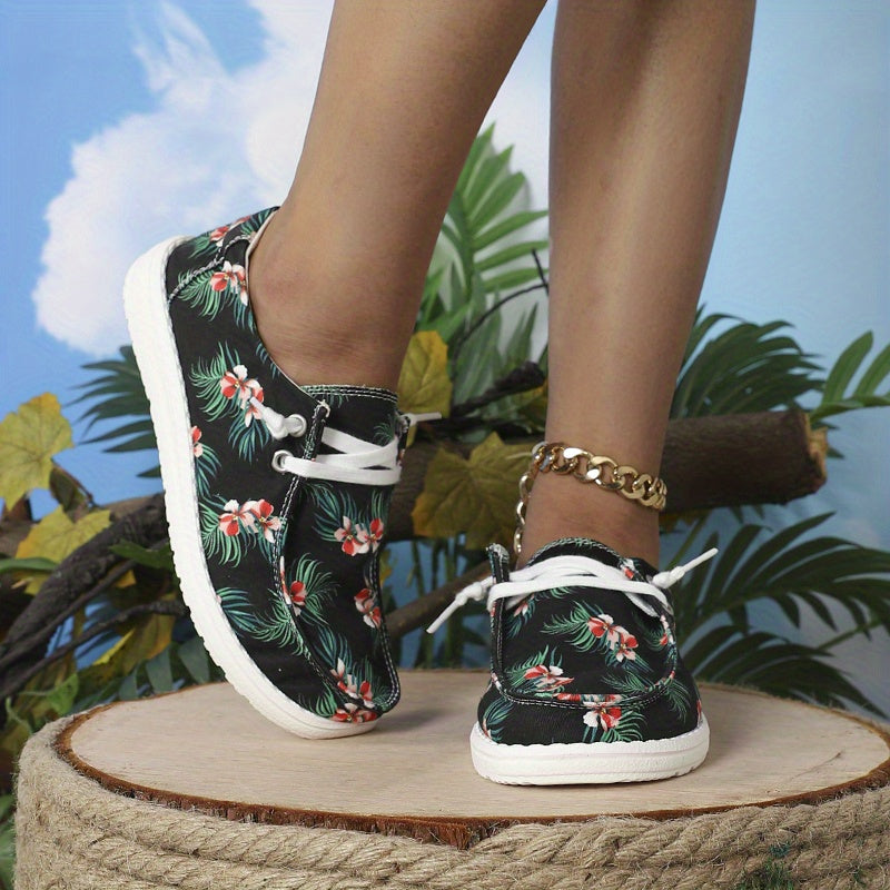 Women's Floral Printed Canvas Shoes Low Top Flat Walking Sneakers