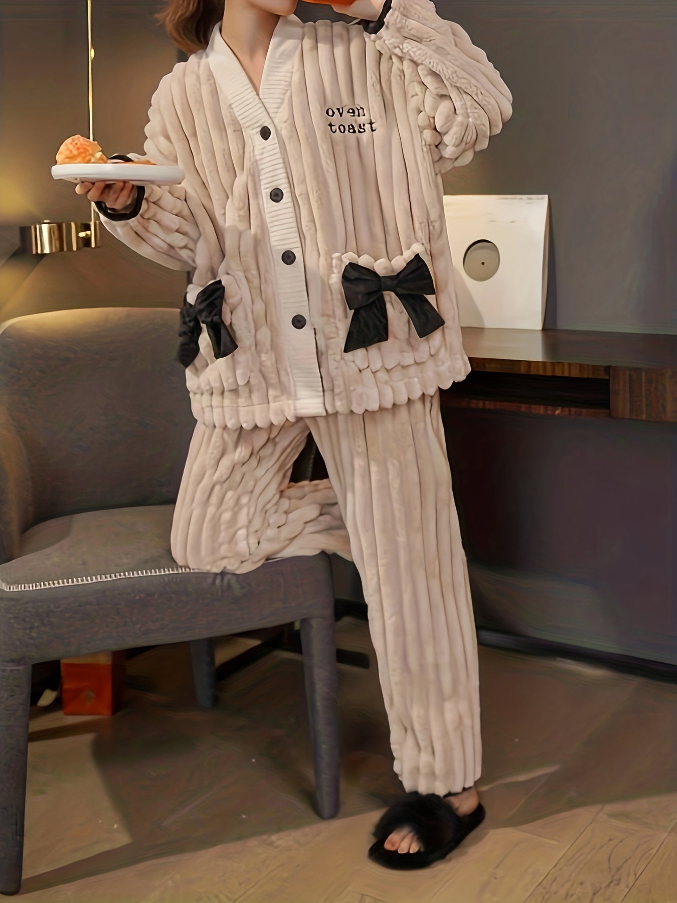 Bow Pajama Set Long Sleeve V Neck Button Top & Pants Sleepwear
