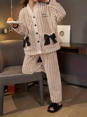 Bow Pajama Set Long Sleeve V Neck Button Top & Pants Sleepwear