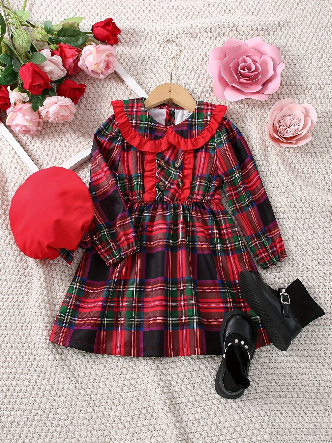 Girls' Collared Plaid Dress & Hat Set for Holiday Outfit