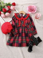 Girls' Collared Plaid Dress & Hat Set for Holiday Outfit