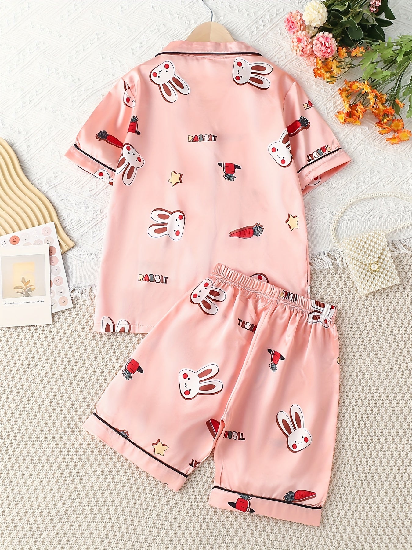 Girls Bunny Graphic Pajamas Set Short Sleeve Nightwear Lounge Suit