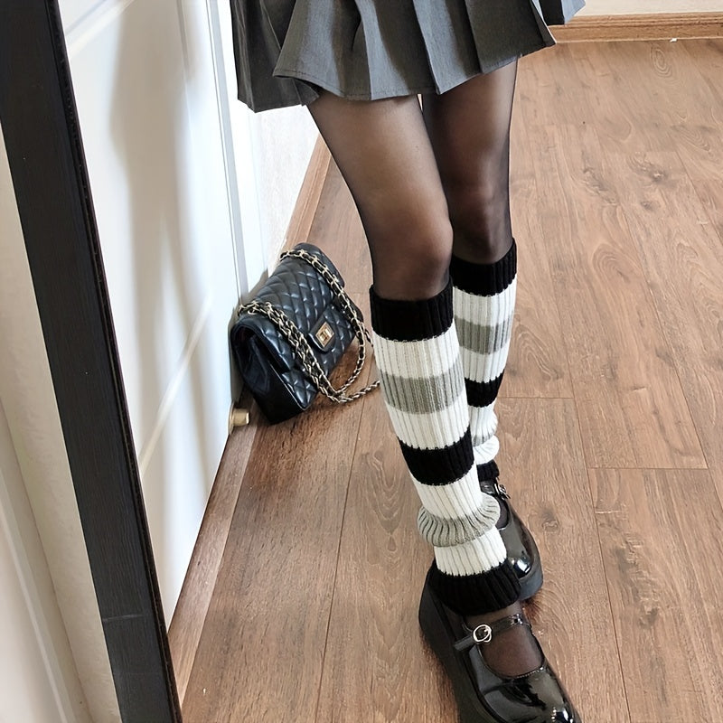 Striped Knitted Leg Warmers Colorblock Knee High Socks