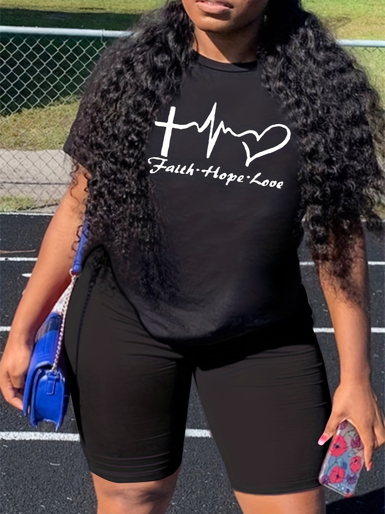 Faith & Love Print 2 Pc Set Short Sleeve T Shirt & Shorts for Women