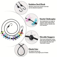 Portable Retractable Clothesline with 12 Clothespins for Indoor Laundry Drying
