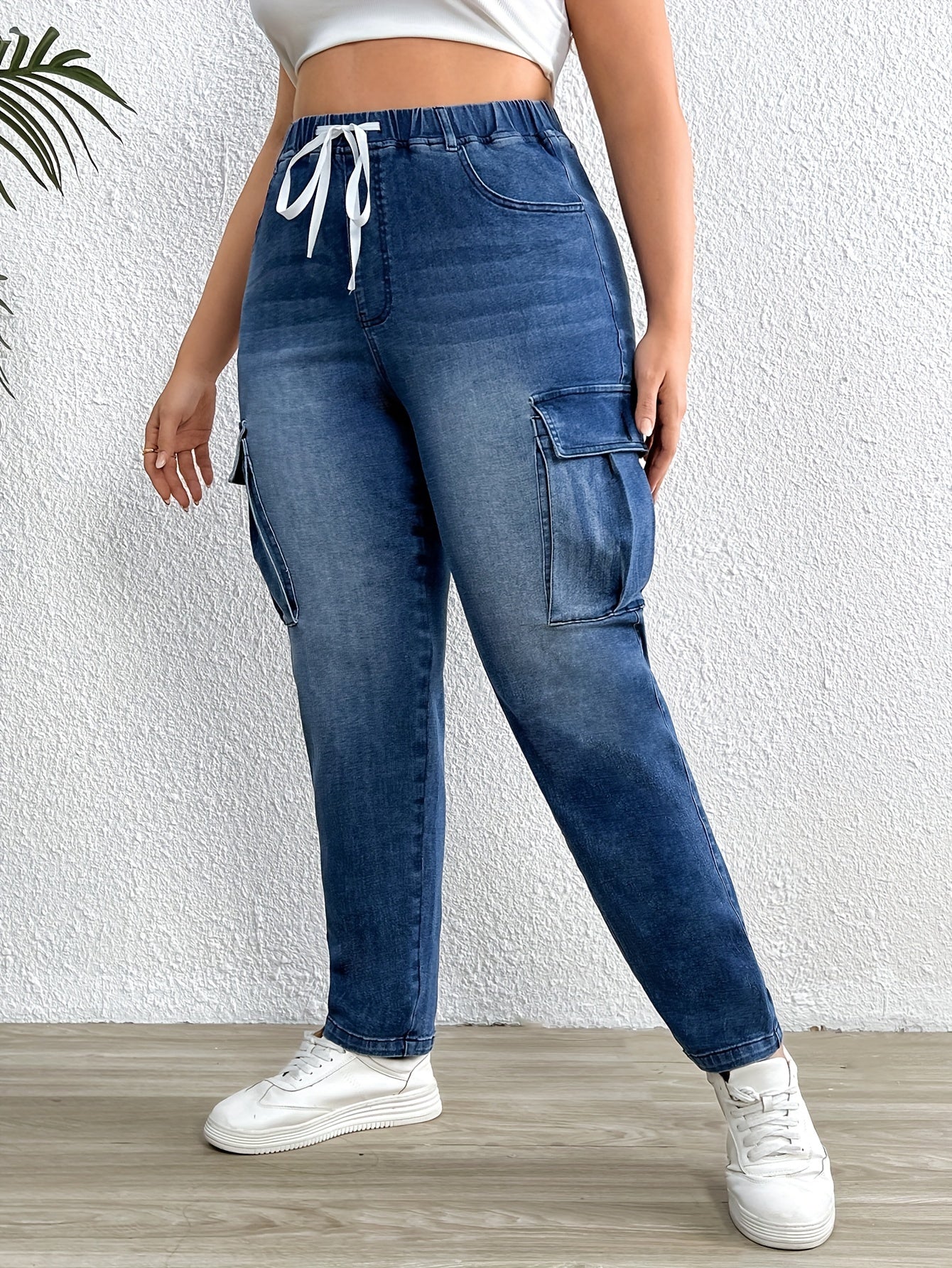 High Stretch Cargo Jeans Elastic Waist Plus Drawstring Retro