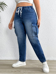 High Stretch Cargo Jeans Elastic Waist Plus Drawstring Retro
