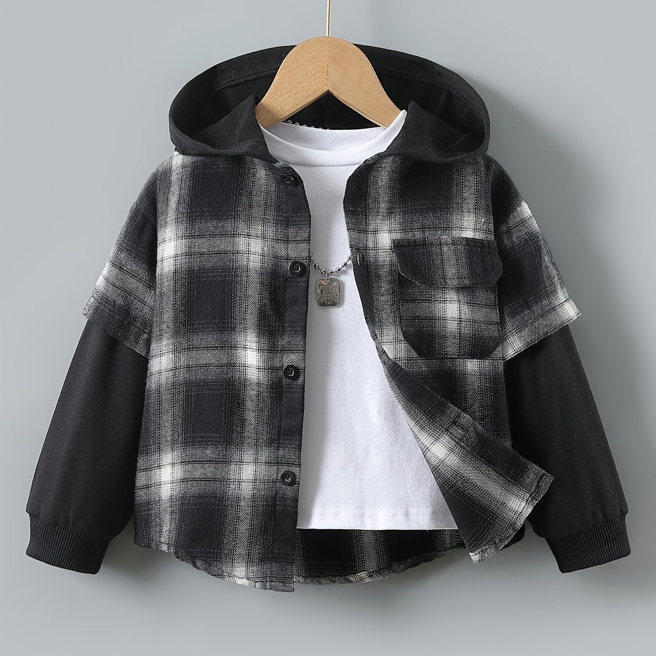 Boys Plaid Hoodie Button Long Sleeve Patchwork Jacket Top