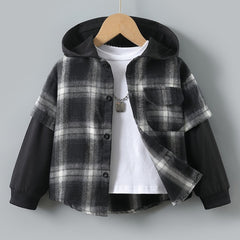 Boys Plaid Hoodie Button Long Sleeve Patchwork Jacket Top