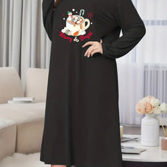 Snowman & Cup Print Long Sleeve Nightdress