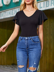 Shaping Bodysuit Ruffle Sleeve V-Neck Tummy Control Body Shaper