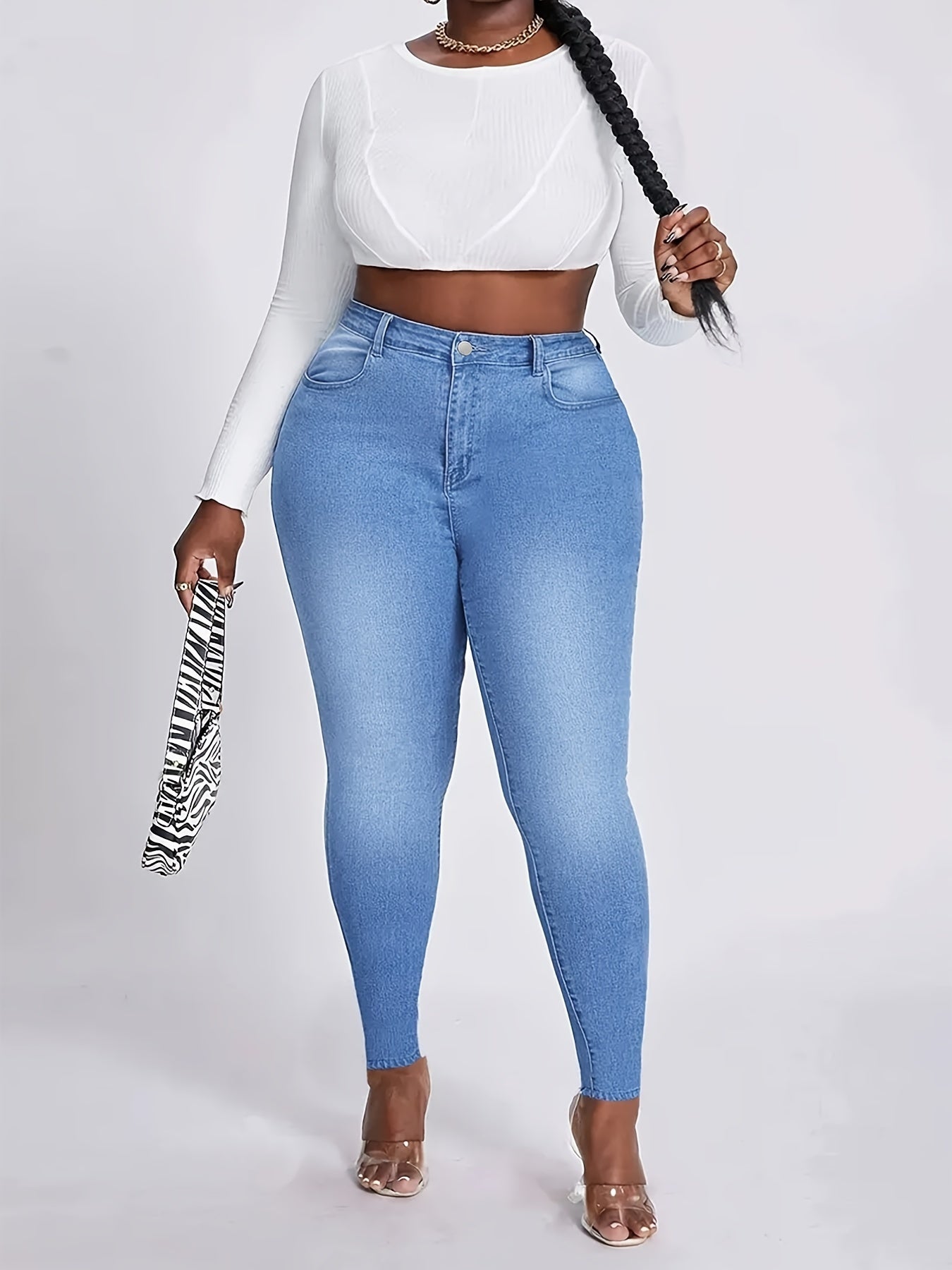 Washed Button Fly Lip Print High Rise Skinny Jeans