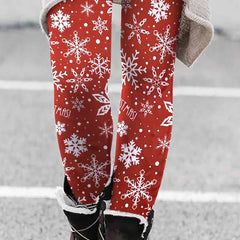 Christmas Leggings Snowflake & Slogan Print Fleece Elastic High Rise