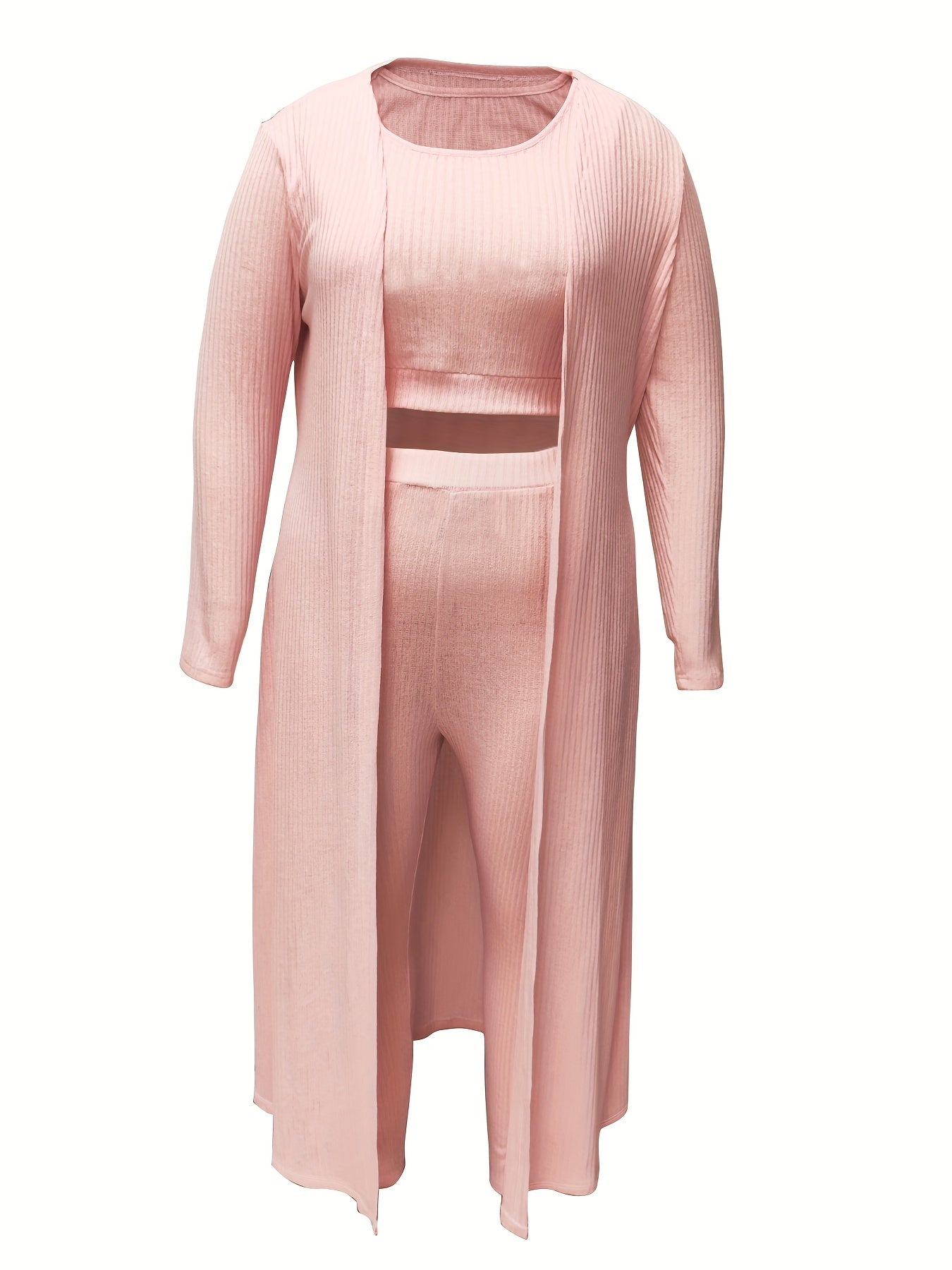 Ribbed Cardigan & Tank Top & Pants Outfit Set