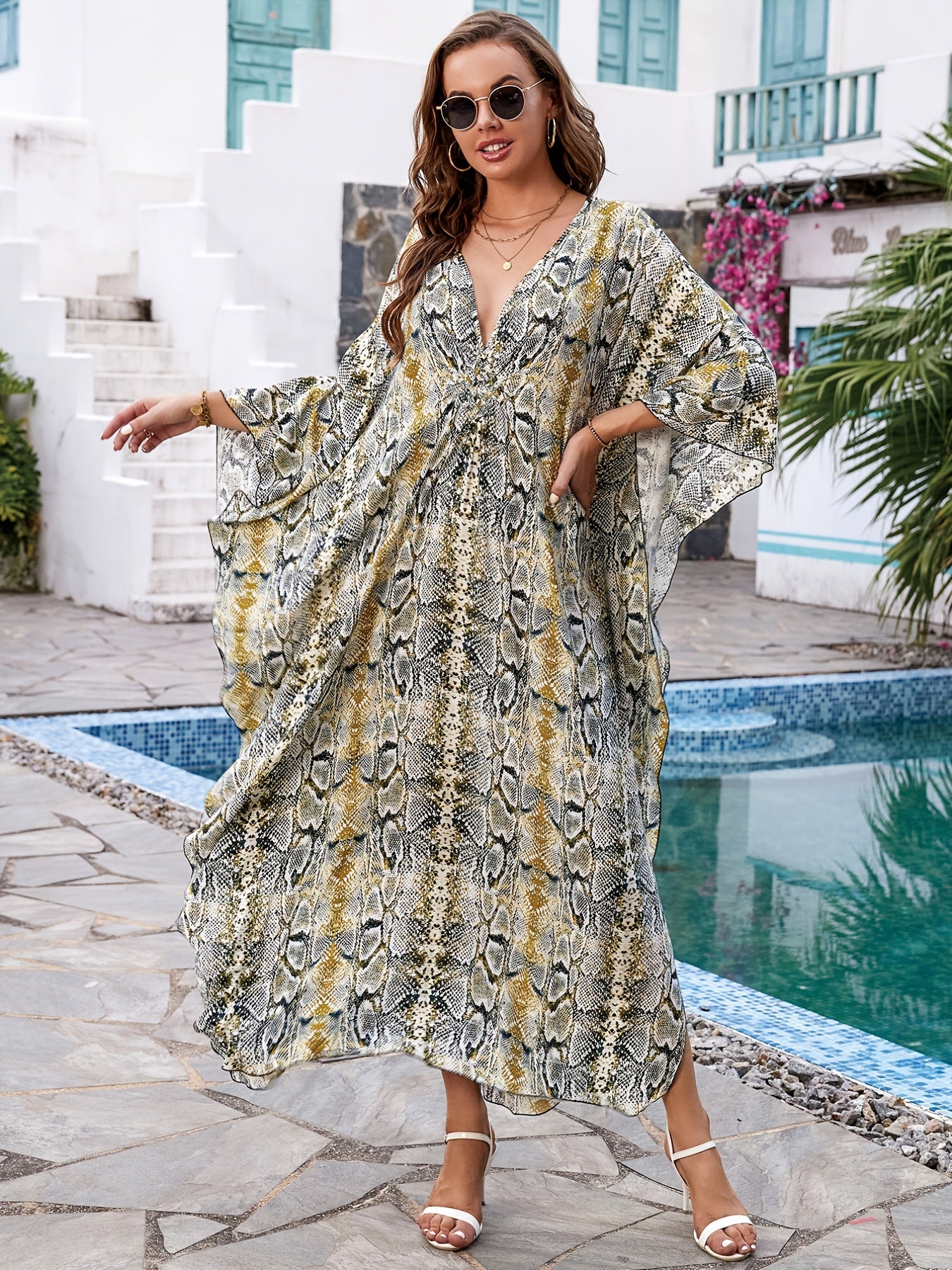 Snake Print Kaftan Dress V Neck Maxi