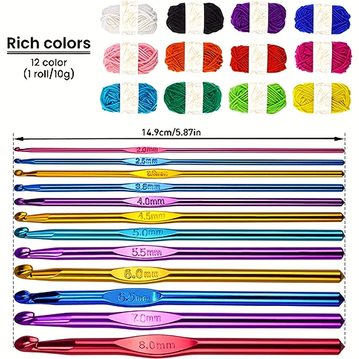 24pcs Crochet Kit: 12 Acrylic Yarn 10g + 12 Knitting Crochet Hooks 2-8mm