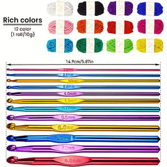 24pcs Crochet Kit: 12 Acrylic Yarn 10g + 12 Knitting Crochet Hooks 2-8mm