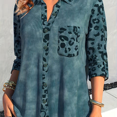 Colorblock Leopard Print Ribbed Button Up Collar Shirt