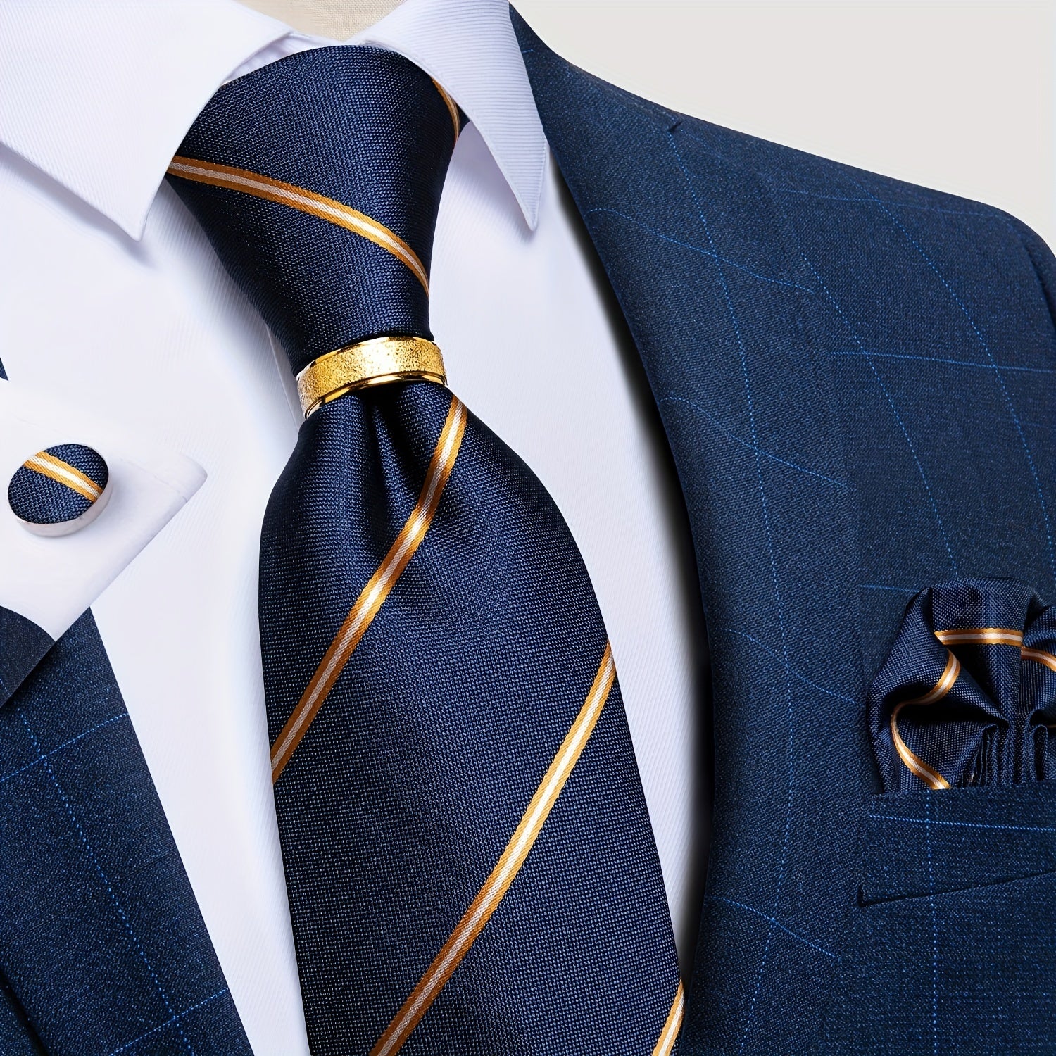 Men's Striped Silk Tie Set with Boutonniere Ring, Tie, Hanky, Cufflink