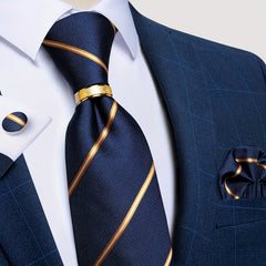 Men's Striped Silk Tie Set with Boutonniere Ring, Tie, Hanky, Cufflink