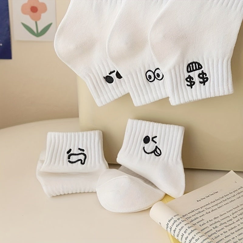 5 Pairs Cartoon Expression Print Crew Socks Women's Stockings