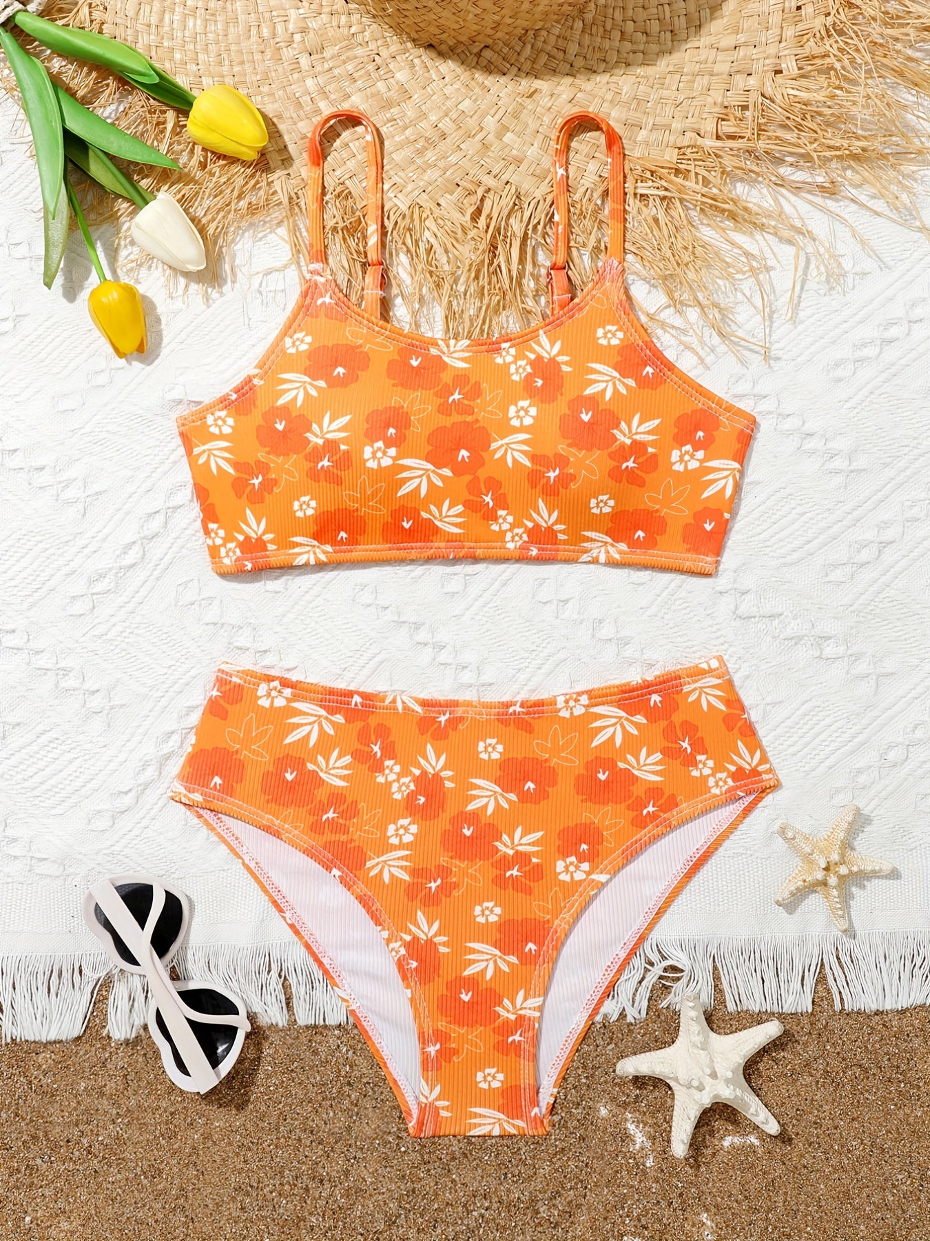 2pcs Girls Flower Top & Shorts Swimsuit Summer Clothes