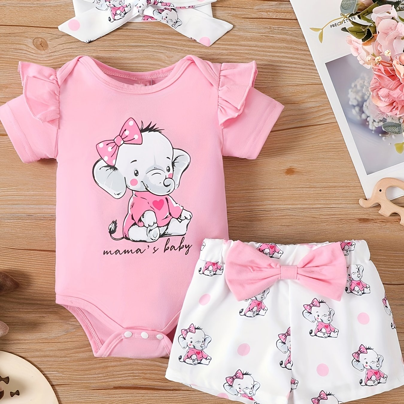 3pcs Baby Girls Elephant Short Sleeve Onesie & Shorts & Headband