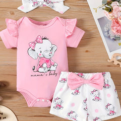 3pcs Baby Girls Elephant Short Sleeve Onesie & Shorts & Headband