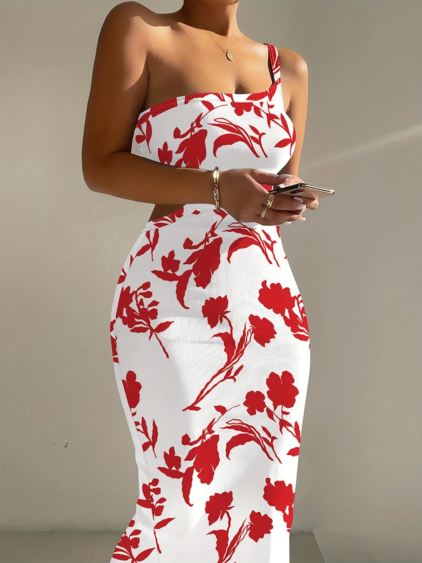 One Shoulder Ribbed Bodycon Dress Floral Print Dress