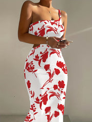 One Shoulder Ribbed Bodycon Dress Floral Print Dress
