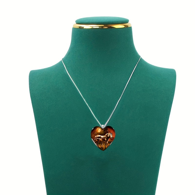 Painted Animal Necklace Horse Heart Shape Pendant Necklace