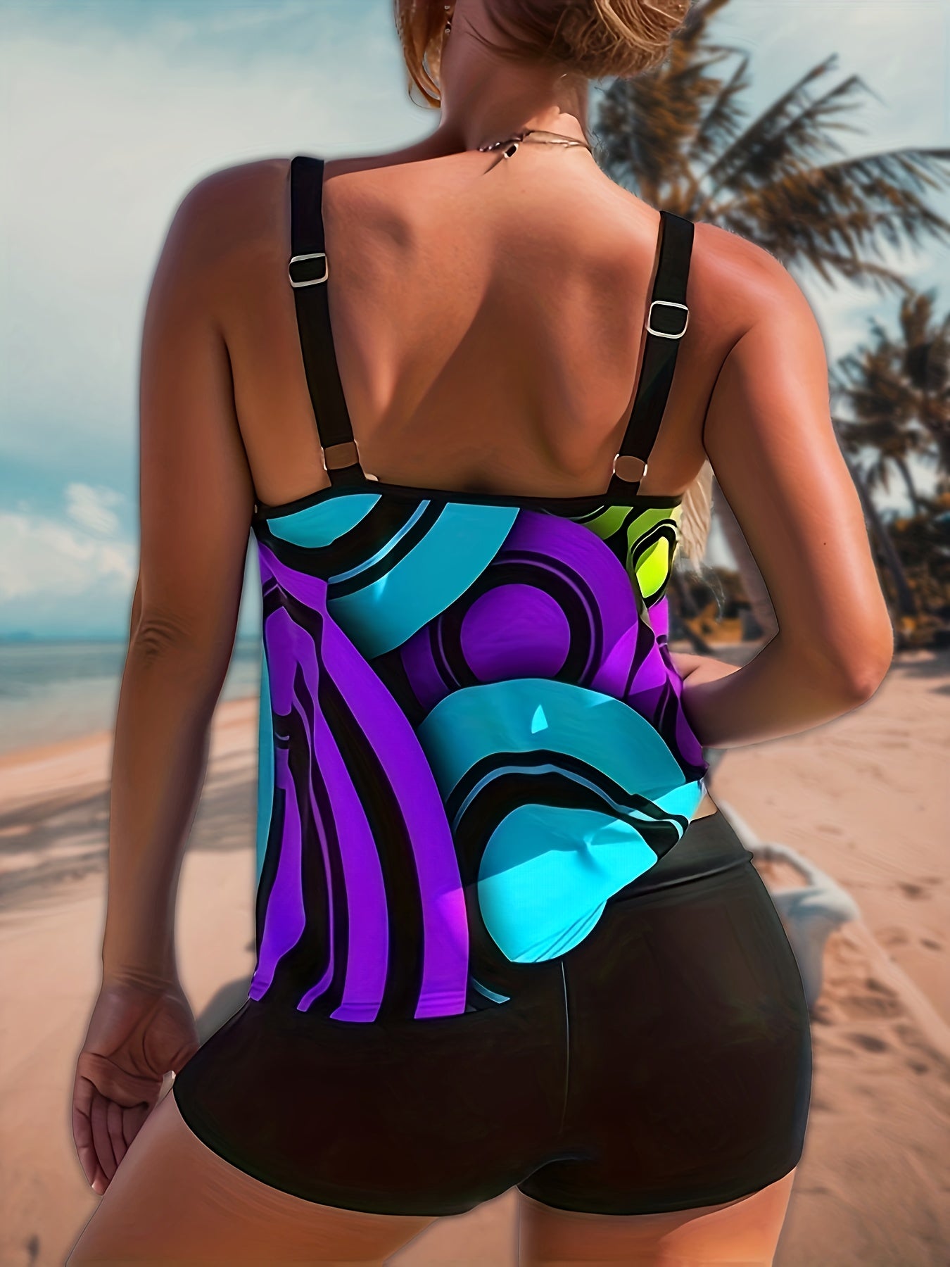 Retro Tankini Set Women's Plus Geo Print Round Neck Cami Top & Shorts