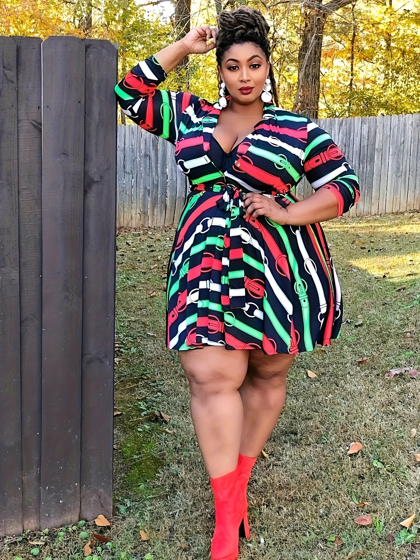 Dress Women's Plus Graphic Print Long Sleeve V Neck High Stretch Dress