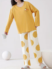 Cartoon Print Pajama Set Long Sleeve Crew Neck Top & Elastic Waistband Pants