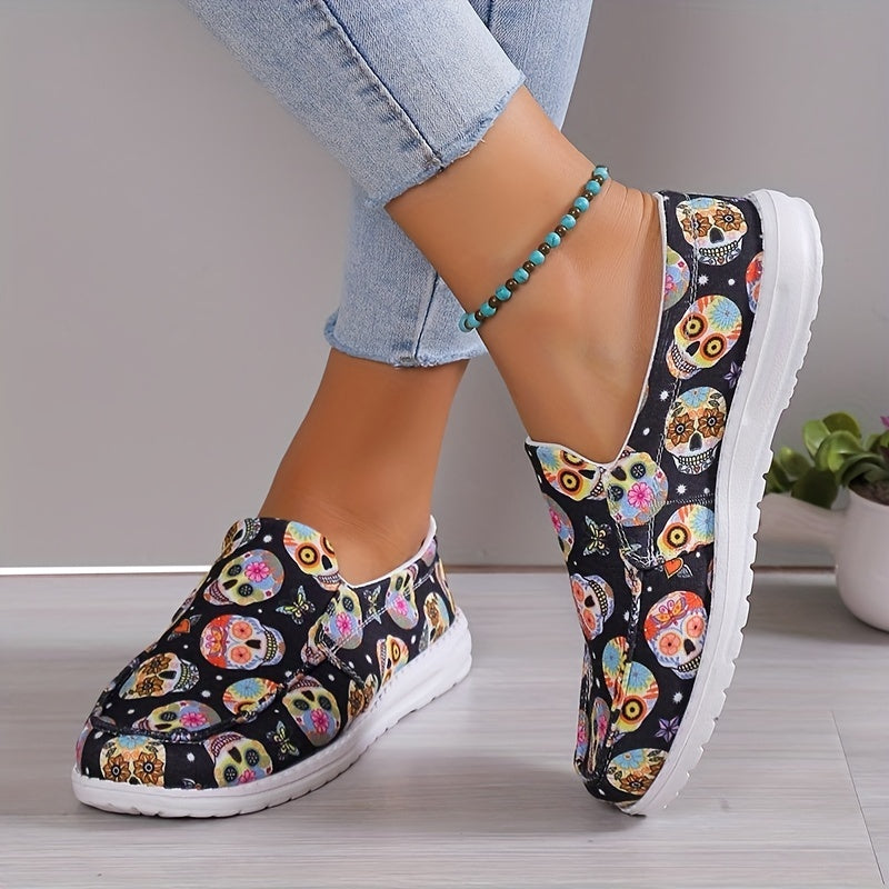 Women's Skull Ghost Pattern Slip on Loafers Lightweight Non slip Flat Shoes