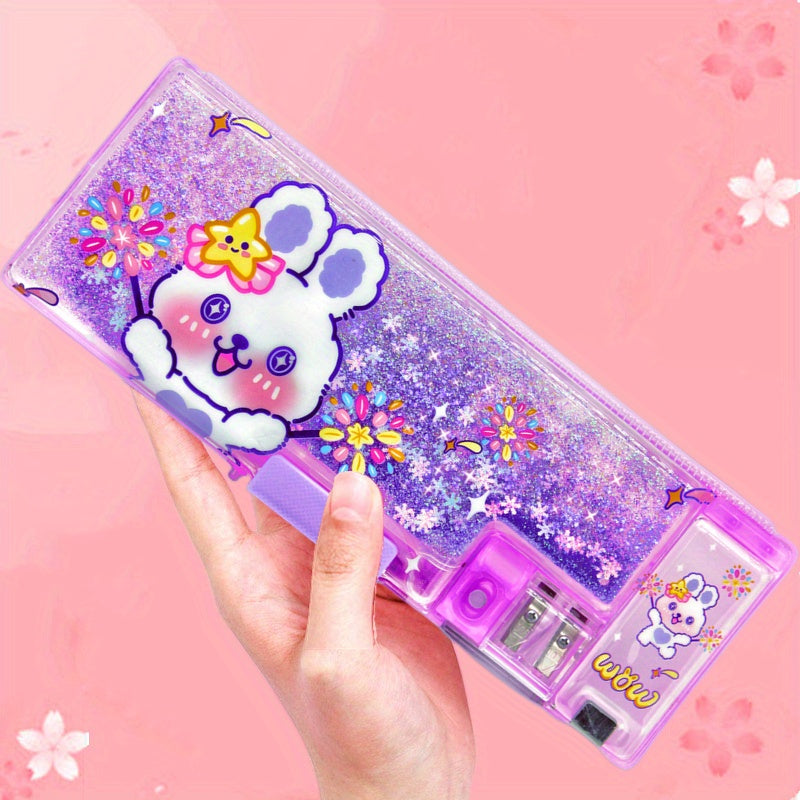 Purple Sequin Quicksand Pencil Case with Rabbit Print Sharpener & Lock