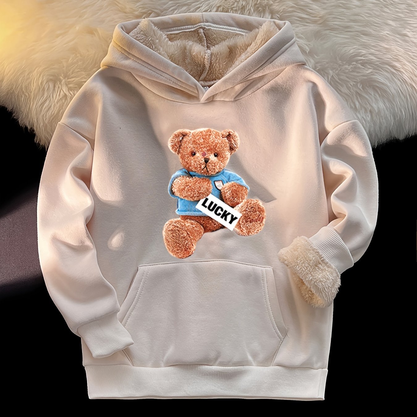 Girls Bear Print Warm Winter Hoodie Plush Pullover Sweatshirt
