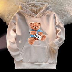 Girls Bear Print Warm Winter Hoodie Plush Pullover Sweatshirt