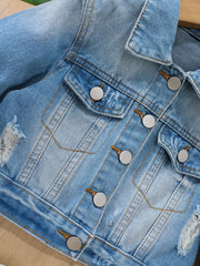 Girls Ripped Denim Jacket Button Down Long Sleeve Coat