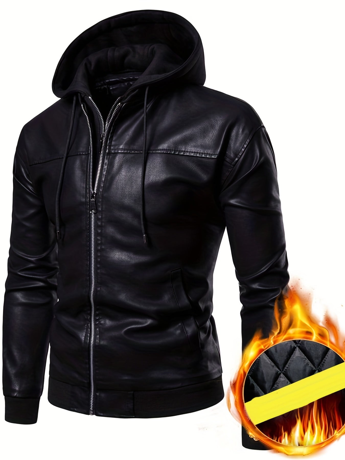 Men's PU Hooded Biker Jacket Zip Up Faux Leather