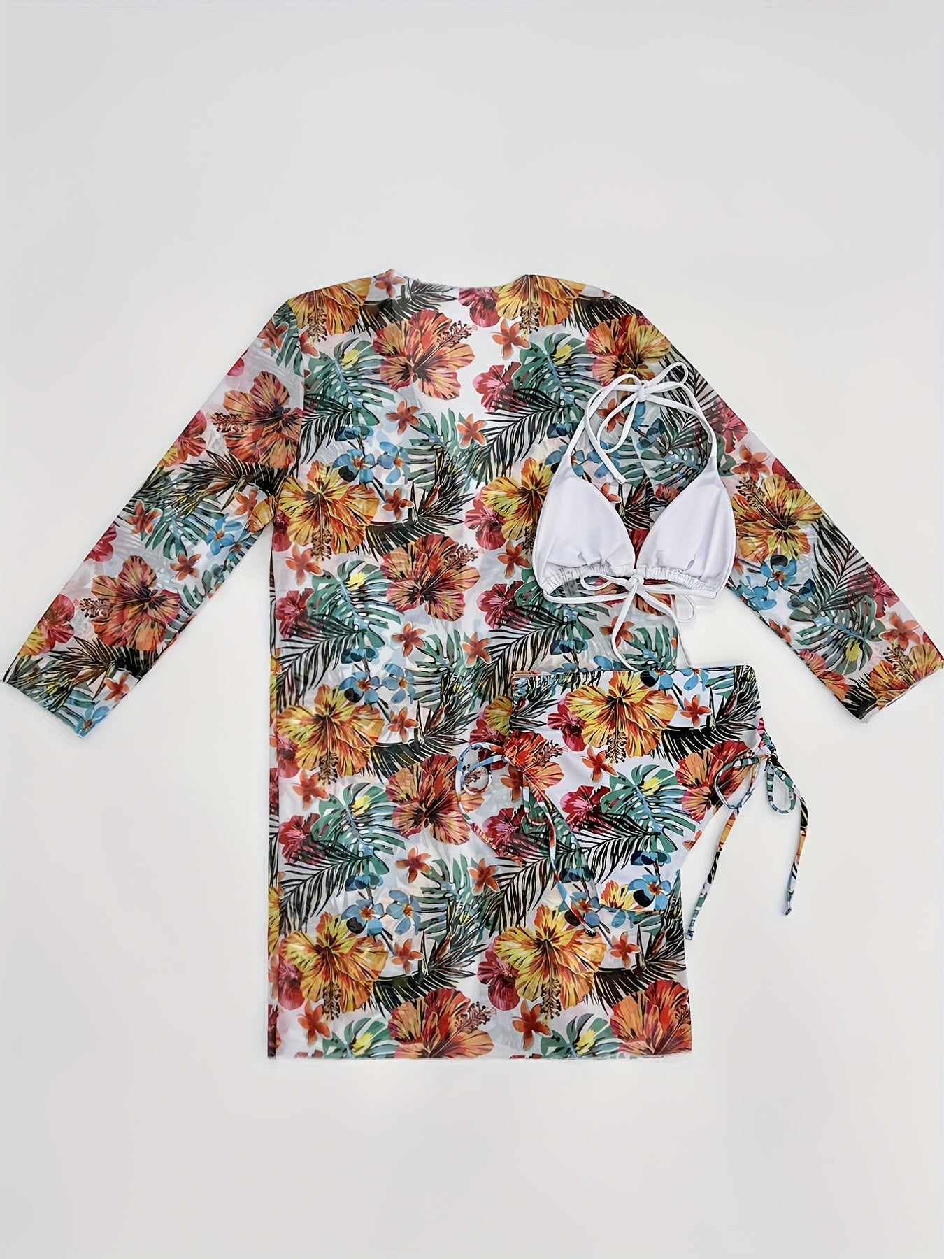 Floral Print Bikini Set Halter High Waist Swimsuit Kimono Cover Up