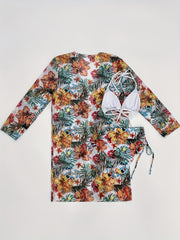 Floral Print Bikini Set Halter High Waist Swimsuit Kimono Cover Up
