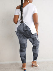 Denim Slogan Print One Shoulder Split Tee & Cut Out Leggings Set