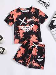 Boys Face Graphic Outfit Round Neck T shirt & Shorts For Summer Kids Clothes