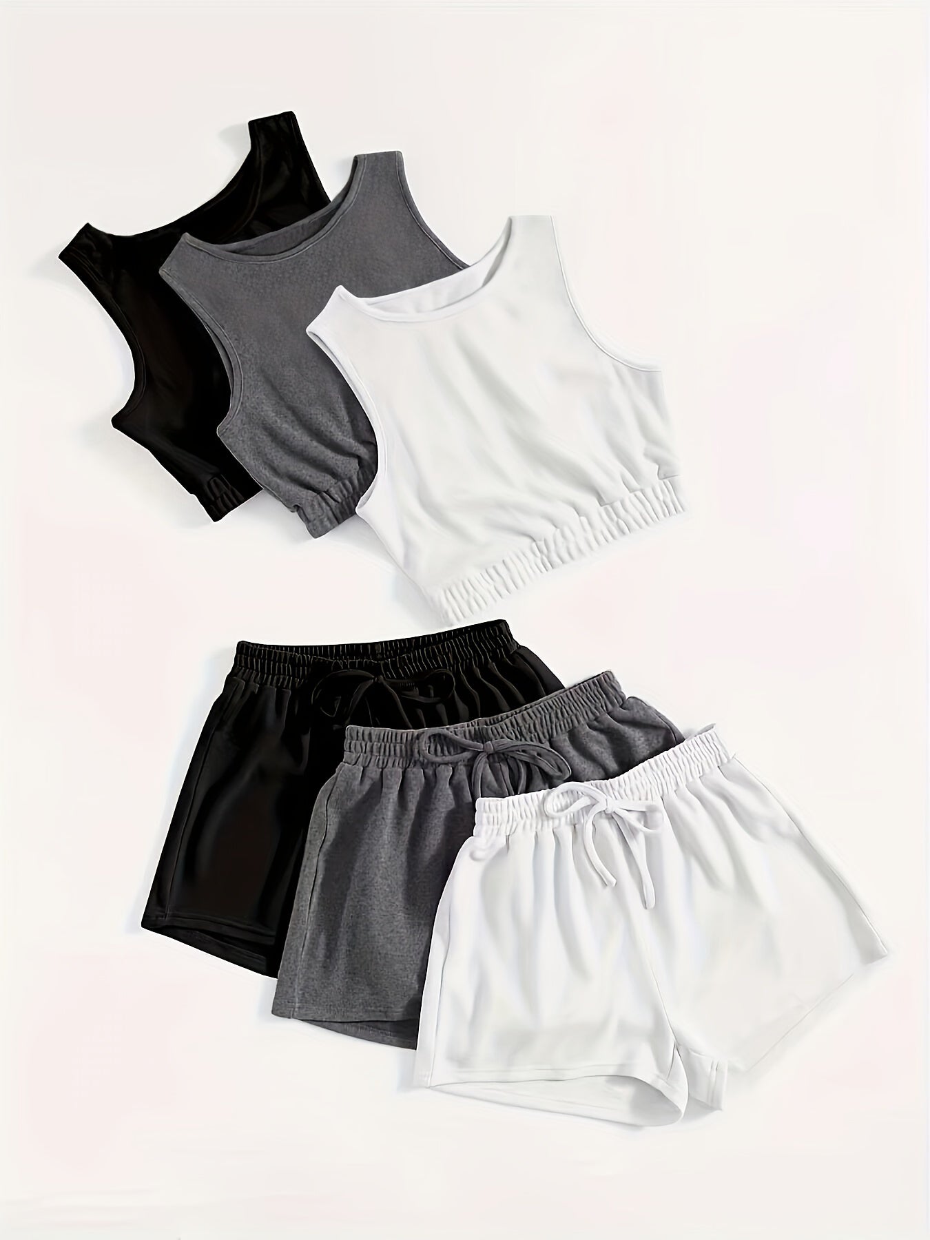 6 Pack Plus Size Loungewear Set Solid Crop Tank Top & Tie Shorts