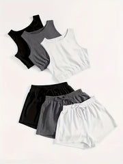 6 Pack Plus Size Loungewear Set Solid Crop Tank Top & Tie Shorts