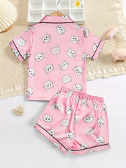 Girls Cat Graphic Pajama Set Button Top & Shorts Summer Sleepwear
