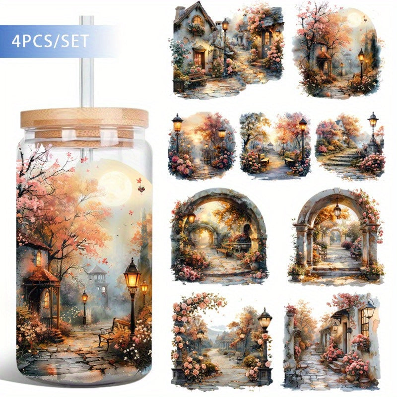 4pcs Scenic Park UV DTF Vinyl Paper for Glass Jars