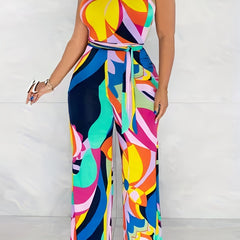 Abstract Floral Print Mock Neck Jumpsuit With Belt